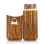 Brown Leather Cigar Case Tube Holder 3CT Humidor Travel Portable With Gift Box