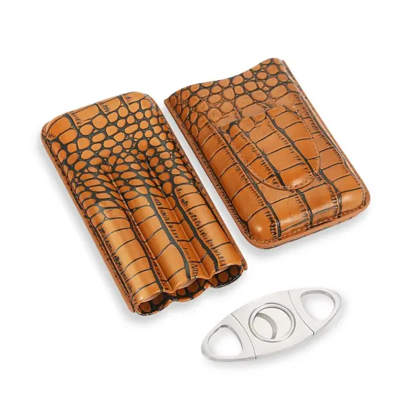 Brown Leather Cigar Case Tube Holder 3CT Humidor Travel Portable With Gift Box