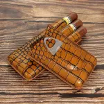 Brown Leather Cigar Case Tube Holder 3CT Humidor Travel Portable With Gift Box