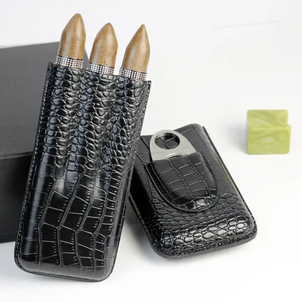 3 Cigar Tubes Case Black Leather and Metal Cigar Cutter Pocket Gift Box
