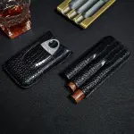 3 Cigar Tubes Case Black Leather and Metal Cigar Cutter Pocket Gift Box